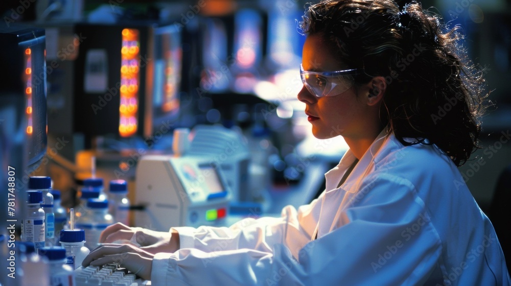 Poster inside a bustling laboratory a scientist sits at a computer carefully yzing and organizing data from