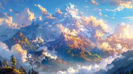 Fototapeta na wymiar A landscape featuring a snow-covered mountain peak with sunbeams piercing through clouds