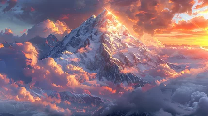 Zelfklevend Fotobehang A landscape featuring a snow-covered mountain peak with sunbeams piercing through clouds © Veniamin Kraskov