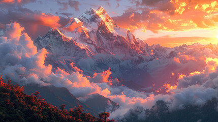 A landscape featuring a snow-covered mountain peak with sunbeams piercing through clouds