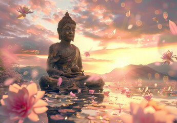 Buddha statue meditating on a lake with many lotuses flowers - obrazy, fototapety, plakaty