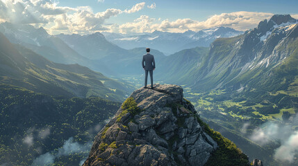 Successful Business man standing on the top of the mountain looking at the view. Business success concept.