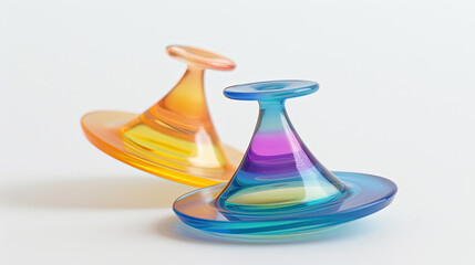 Two colorful spinning tops on white background.