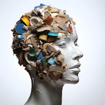 A person's face covered in trash, white background, recycling concept image