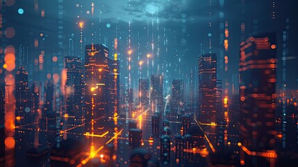 A futuristic city skyline with data streams and digital connections