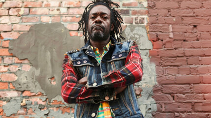 A black man stands tall and confident against a brick wall backdrop his shredded denim vest revealing a colorful plaid shirt underneath. His dreadlocks are styled in a messy unkempt . - obrazy, fototapety, plakaty
