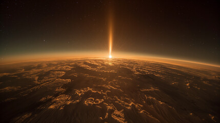 A golden sunset on the Earth's horizon, viewed from space. - obrazy, fototapety, plakaty