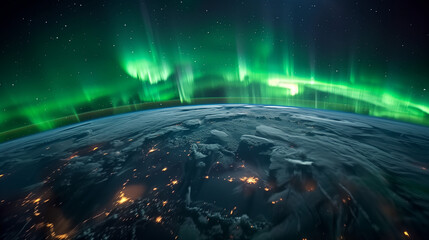 Aurora Borealis seen from space above Earth's nighttime surface. Northern lights