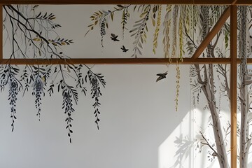 Willow branches hanging from above with birds on a white background. Wallpaper, murals and wall paintings for interior printing. Generative AI