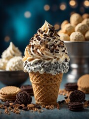 Cookies and cream gelato ice cream in waffle cone / cup, cinematic food photography 