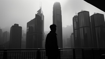 Fototapeta na wymiar A man stands on a balcony overlooking a city