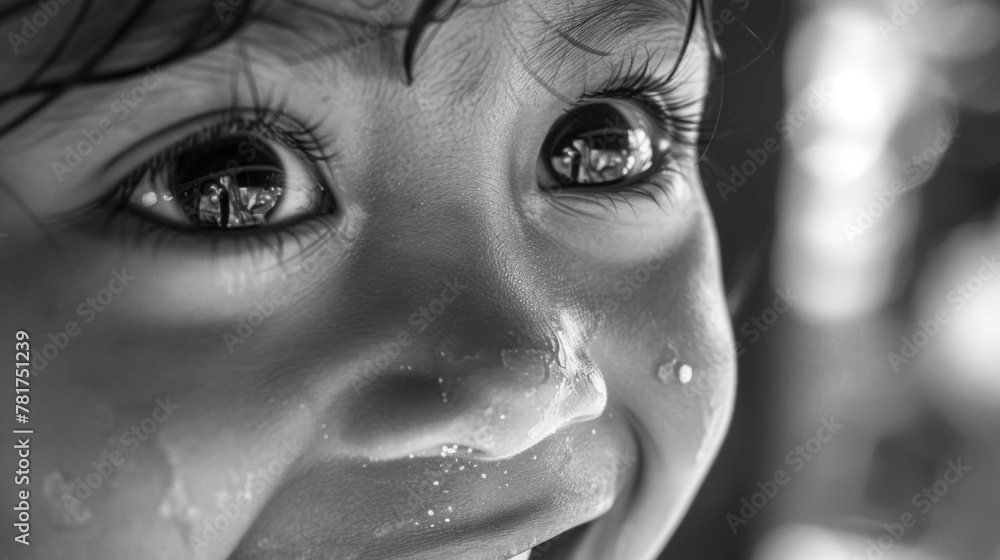 Poster the reflection in the eye shows a small child laughing capturing the joy within their expression. .