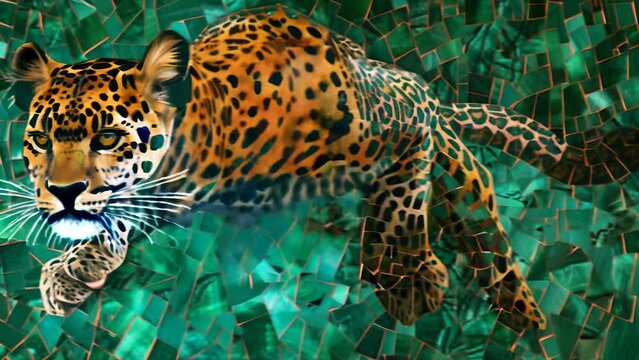 A jaguar with geometric patterns scattered across its body is depicted against a green background. 