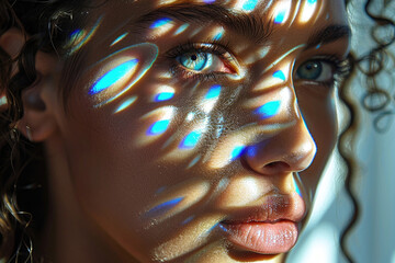 A striking portrait of a model with geometric patterns projected onto their face