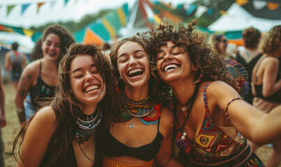 Close up of happy friends dancing at a music festival in the campsite on a sunny day
