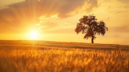 Fototapeta premium Golden wheat field with a single tree at sunset
