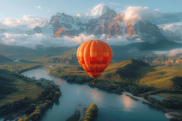 Gordijnen A breathtaking view of a hot air balloon floating above a majestic mountain landscape © Veniamin Kraskov