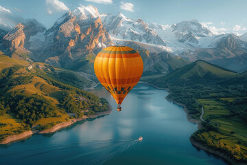 A breathtaking view of a hot air balloon floating above a majestic mountain landscape - obrazy, fototapety, plakaty