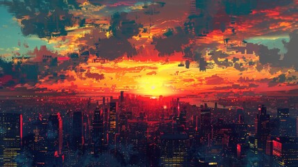 panoramic view of a vibrant sunset over a digital cityscape