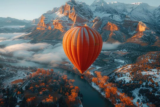 A breathtaking view of a hot air balloon floating above a majestic mountain landscape