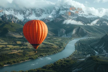 Gordijnen A breathtaking view of a hot air balloon floating above a majestic mountain landscape © Veniamin Kraskov
