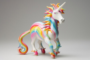 Whimsical cartoonish unicorn figurine, with a rainbow mane and sparkly horn, against a spotless white background, invoking magic and wonder.