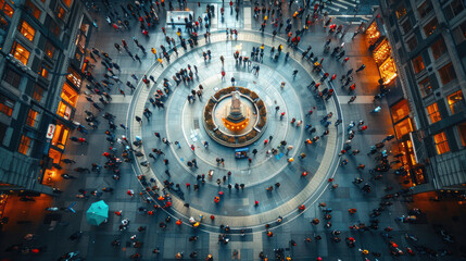 A captivating aerial view of a bustling city square