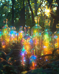  Ephemeral Essence, Dynamic Spectrum, A mystical scene where emotion bottles float in a forest clearing, radiating a magical aura Photography, Golden Hour, Lens Flare, Double Exposure