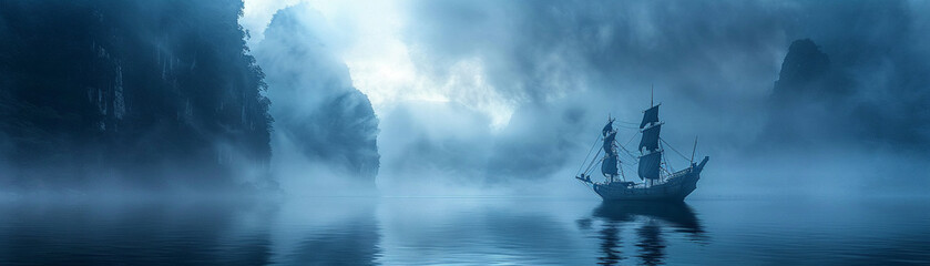 Dragon ship, warriors, sailing through a misty fjord, under a starlit sky, photography, silhouette lighting, noire effect