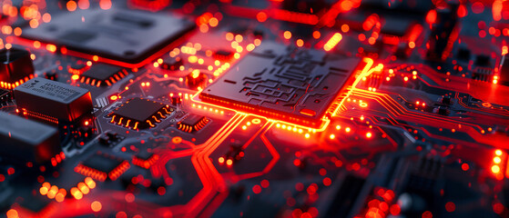 Detailed Technology Circuit, Blue and Red Processor and Microchip, Communication and Engineering Background