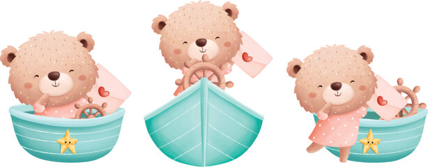 Watercolor Illustration Set of Cute Bear and Little Ship