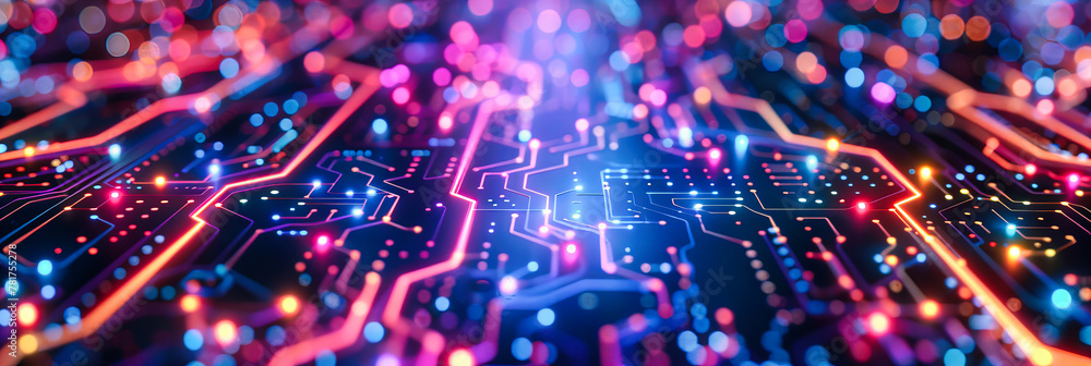 Poster digital circuit and technology network, blue and green abstract background, futuristic computing con