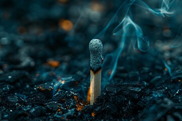 A matchstick is lit on fire in a pile of ash