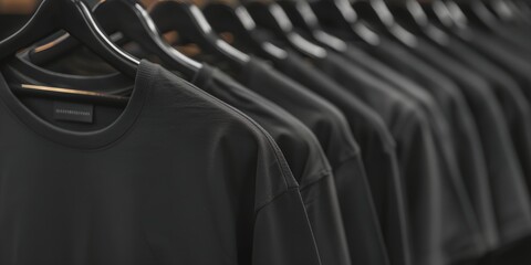 A row of black shirts hanging on a rack. The shirts are all the same color and style
