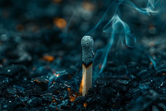 A matchstick is lit on fire in a pile of ash