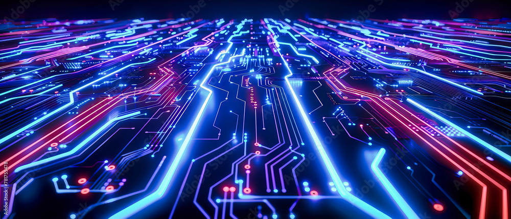 Poster digital circuitry and computing concept, advanced technology and connectivity, blue abstract backgro