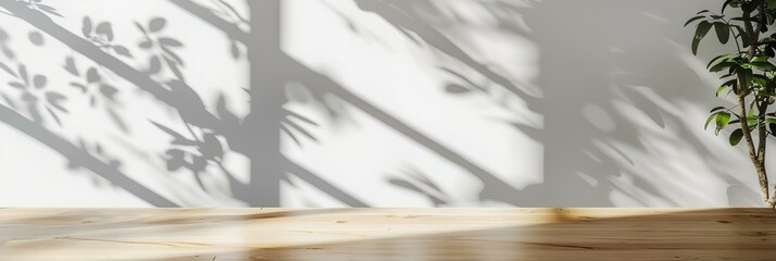 Empty wooden table with blank wall and shadows