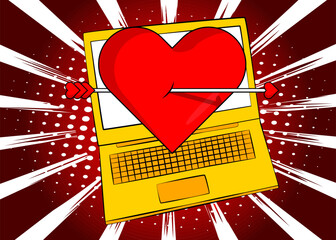 Cartoon Laptop, comic book Notebook with Heart, Valentine's Day Symbol. Retro vector comics pop art design.