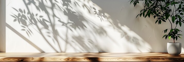 Empty wooden table with blank wall and shadows