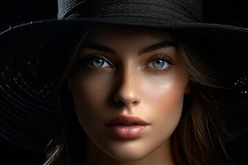 Mulher jovem, linda,  modelo, com chapéu, fundo escuro