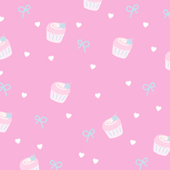 Vector illustration of cupcake, blue ribbon and heart on a pastel pink background for birthday party, wallpaper, sweet dessert, cafe, backdrop, fabric print, gift wrap, packaging, baking book cover