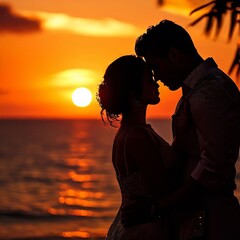 Silhueta de uma casal apaixonado, de lado, à beira mar ao pôr-do-sol. Gerado com IA - obrazy, fototapety, plakaty