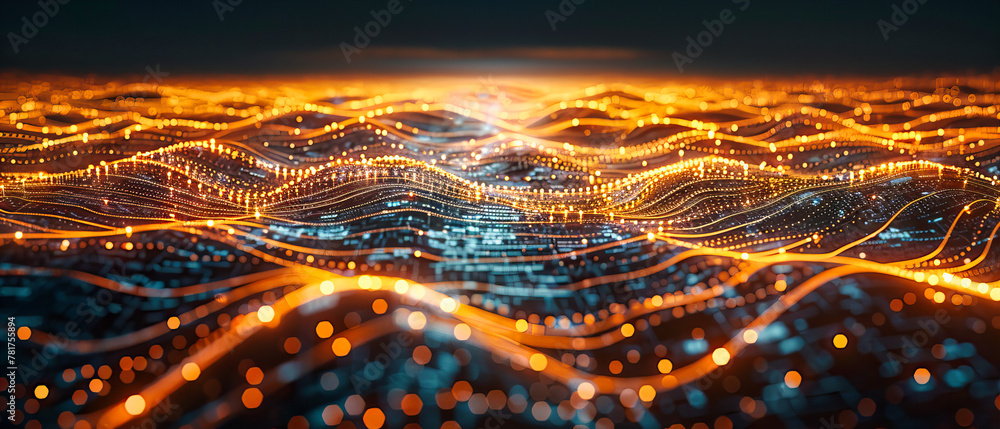 Poster digital city networking concept in blue, futuristic urban tech, abstract connectivity and informatio