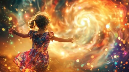 A small child in a colorful dress dances in front of the gateway back turned as they twirl and laugh in joyous abandon. With . . - obrazy, fototapety, plakaty