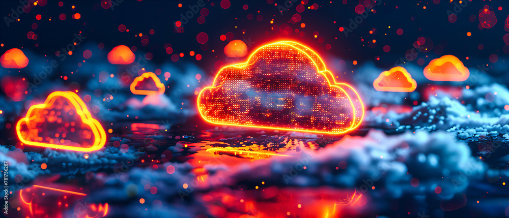 Poster digital cloud networking concept, illustrating the connectivity and data flow in a modern cyberspace