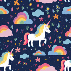 Whimsical Unicorns and Rainbows, Navy Blue, Magical Night Sky for Children