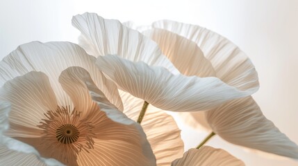 Close up of the petals of white poppies on a white background.