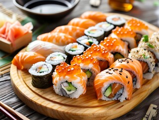 A wooden tray with a variety of sushi rolls, including some with avocado