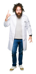 Crazy scientist with funny long hair pointing finger up with successful idea. Exited and happy. Number one.