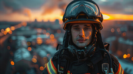 Firefighter with uniform and helmet stand in front of electric wire on a roof top. - Powered by Adobe